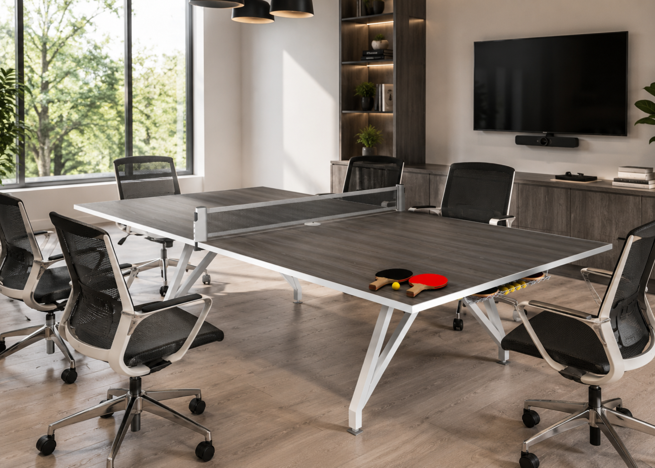 A modern conference room setup featuring a large rectangular ping-pong table with a gray wood-grain top and white angled legs, surrounded by black mesh office chairs. A small red table paddle and yellow balls are visible on the table surface.