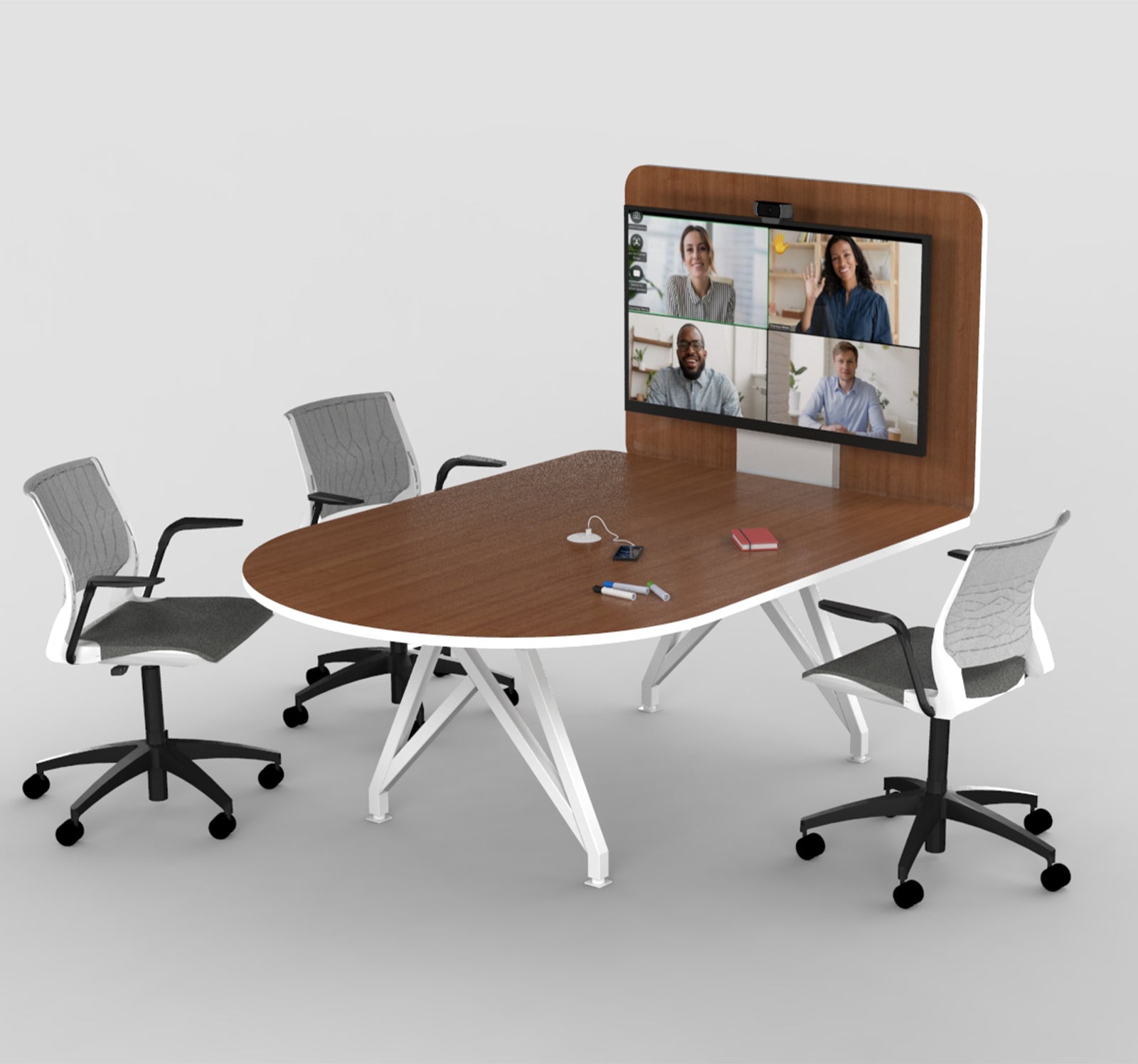 TeleMeet Moon-Shape Conference Table with Media Panel Cafe Latte